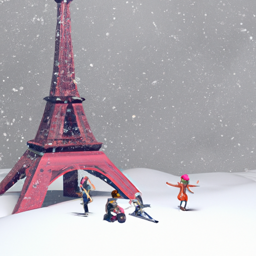 Eiffel tower in a snowy day with happy people