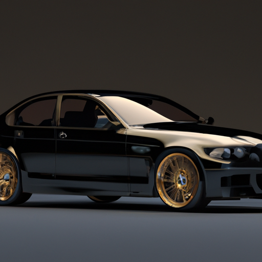 Create a 3D Black BMW E46 with Gold rims Model in a photography studio