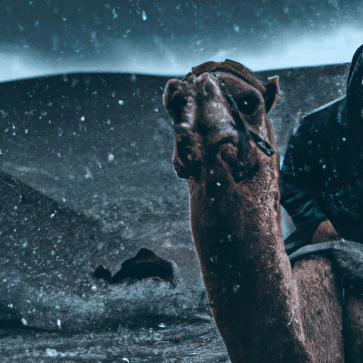 A photo of a camel driver with Ashtran in Lut desert of Iran in rainy weather